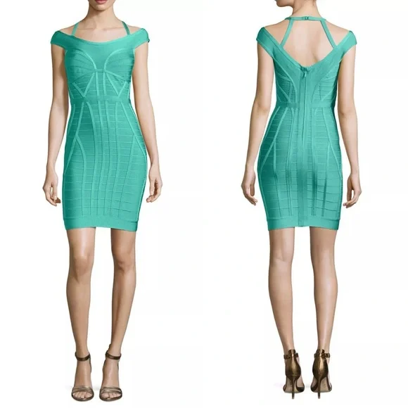 Herve Leger Connie viscose-blend dress in aqua jade size S small